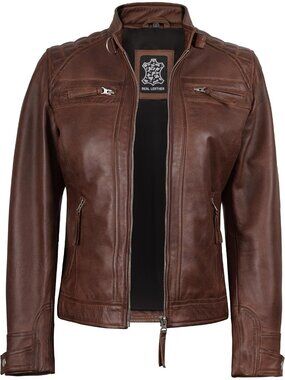 Women’s Brown Leather Cafe Racer Motorcycle Biker Jacket